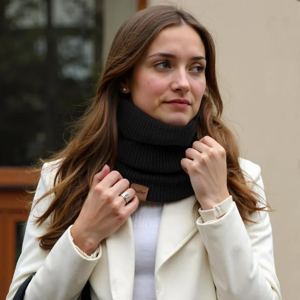 Women's H-black + red Scarf Winter Double-Layer Neck Warmer Knit Fleece